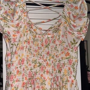 Floral Puff Sleeve Dress with Crisscross Back